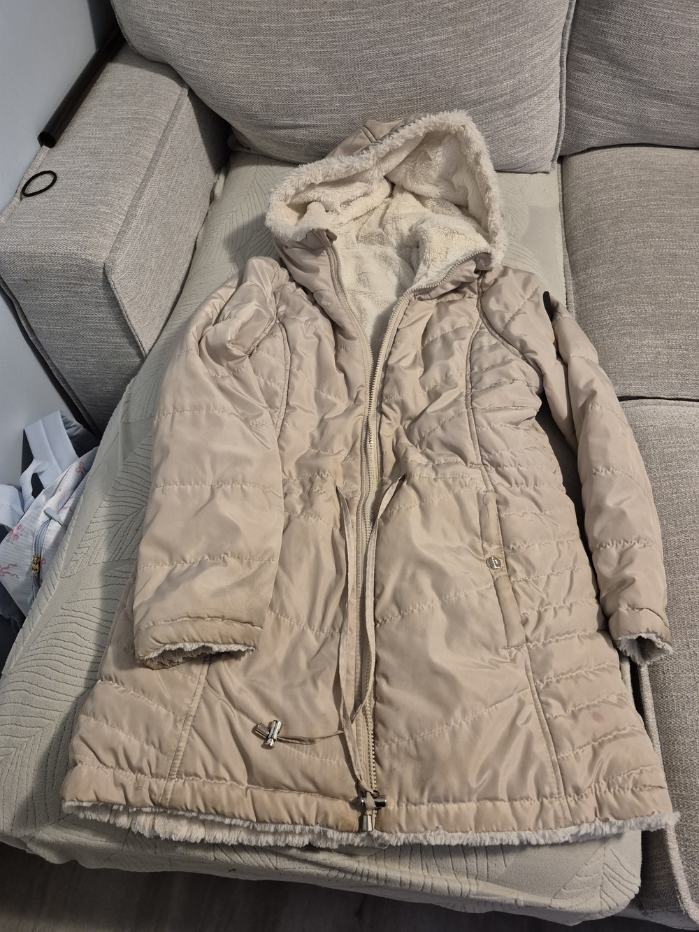 Madden Girl Cream Hooded Puffer Coat with Faux Sherpa Lining
